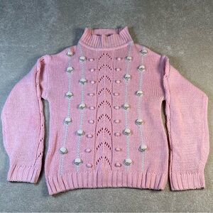 Diane‎ Von Furstenburg Rosette Sweater 3D Pink Knit Mock Neck Pullover Medium